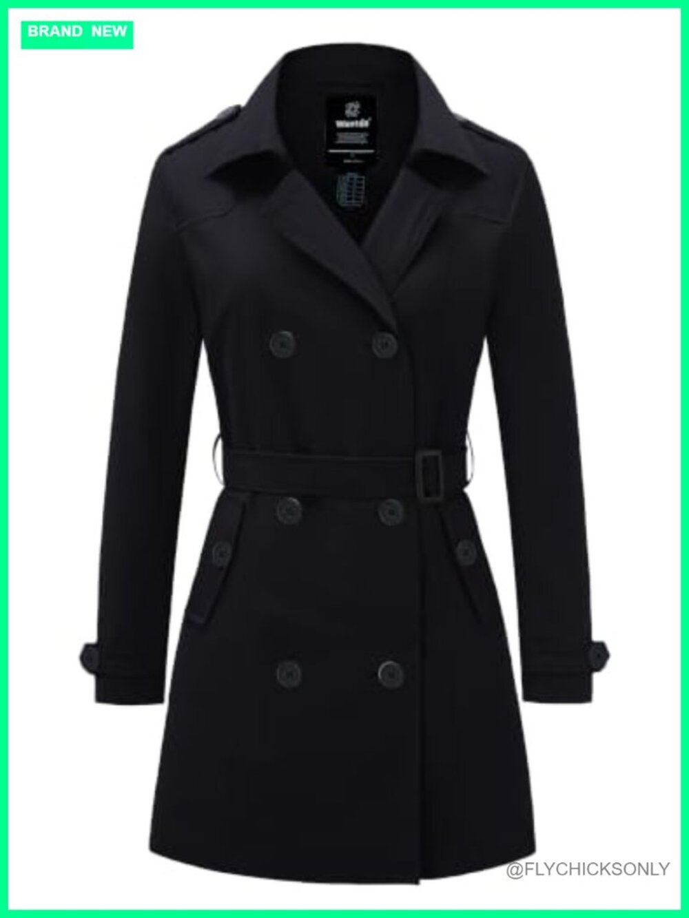 Women Trench Coat Double-Breasted Belted Water Repellent Polyester Overcoat